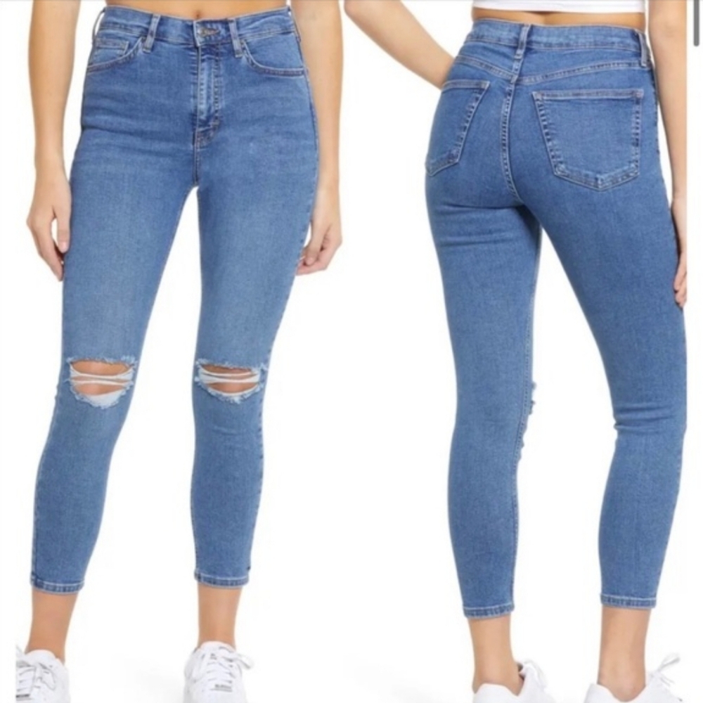 Topshop Moto Jamie High-Waisted Medium Wash Distressed Skinny Jeans